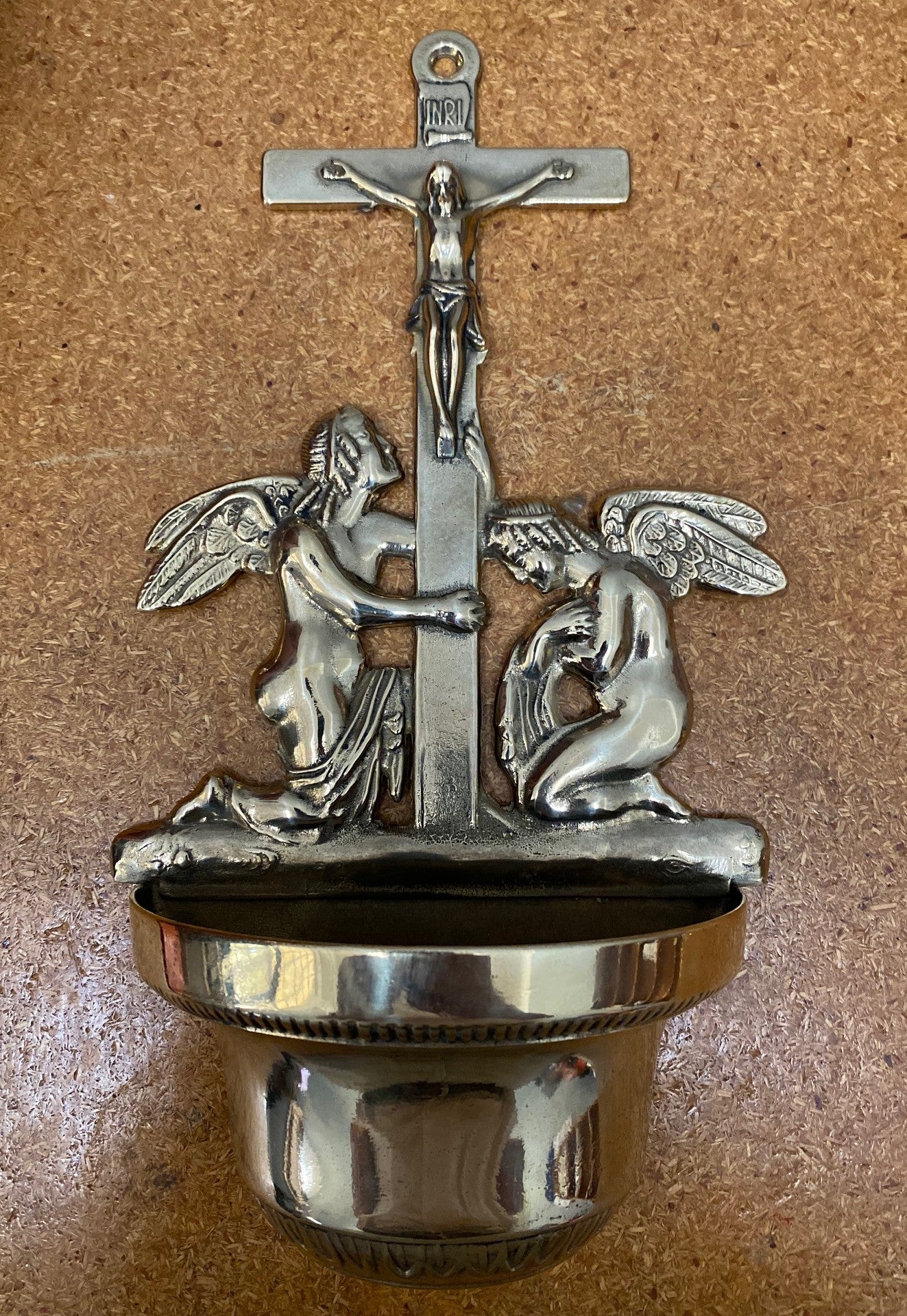 HOLY WATER FONT BRASS CRUCIFIX AND ANGELS